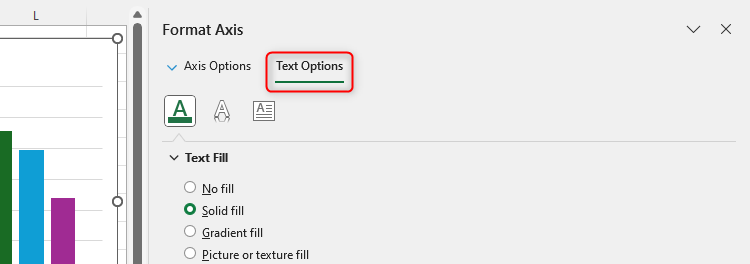 A guia Opções de texto no painel Formatar gráfico do Excel.