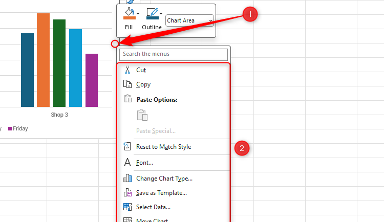 Um gráfico no Excel com o menu do botão direito ativado.