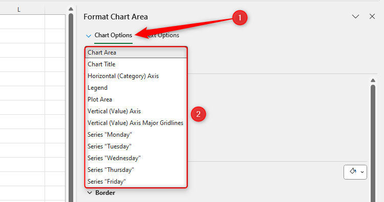 Painel de formato de gráfico do Excel, com o primeiro menu suspenso expandido e destacado.