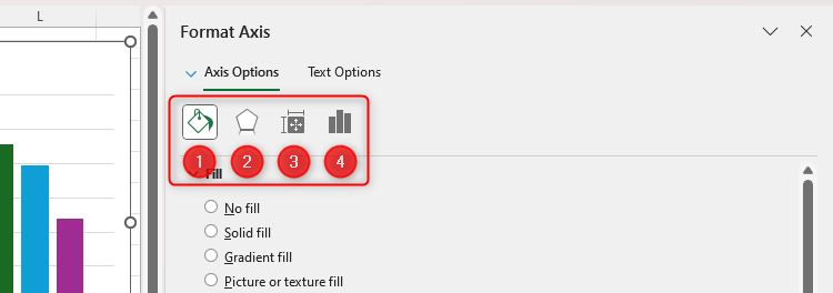 Opções de formatação de gráficos do Excel, representadas por quatro ícones.