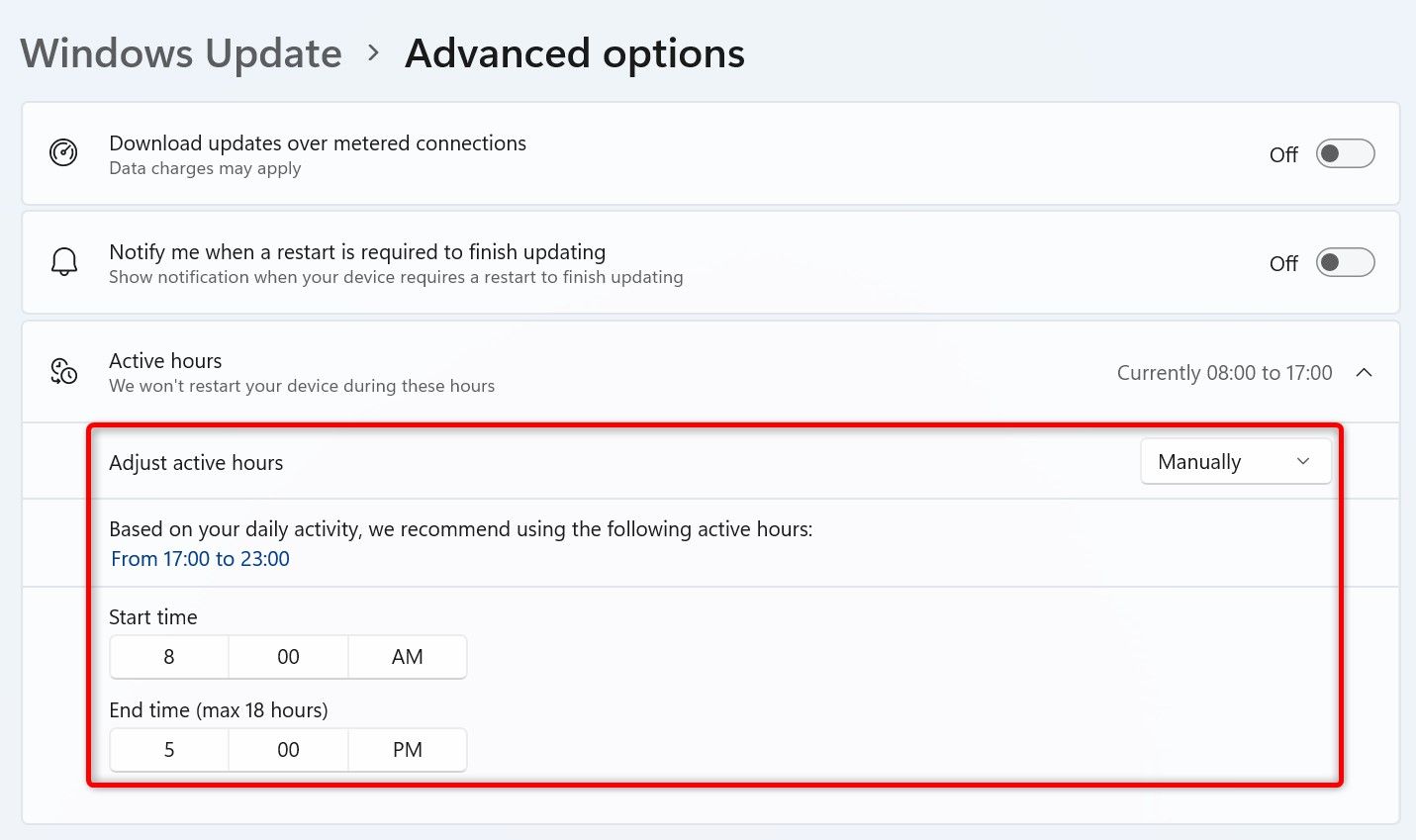 O "Horário ativo" seção destacada nas configurações do Windows 11.