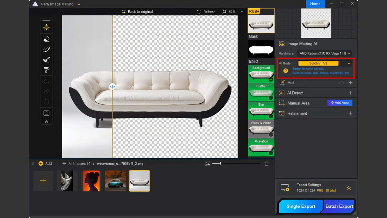 Interface do software de edição exibindo um sofá creme e preto com fundo transparente, mostrando ferramentas para matização de imagens e efeitos no painel direito.