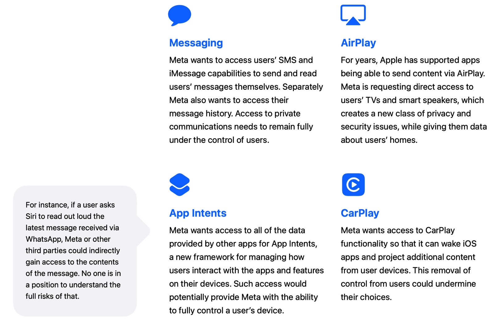 Exemplos da Apple de como o Meta pode impactar a privacidade dos usuários de iPhone e iPad.