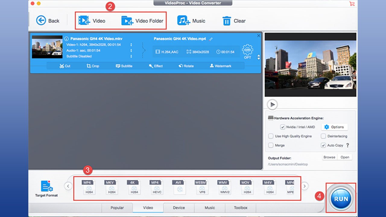 Interface do VideoProc Converter mostrando detalhes do arquivo, opções de formato como MP4 e MKV, uma miniatura de visualização e um grande botão de execução para processamento.