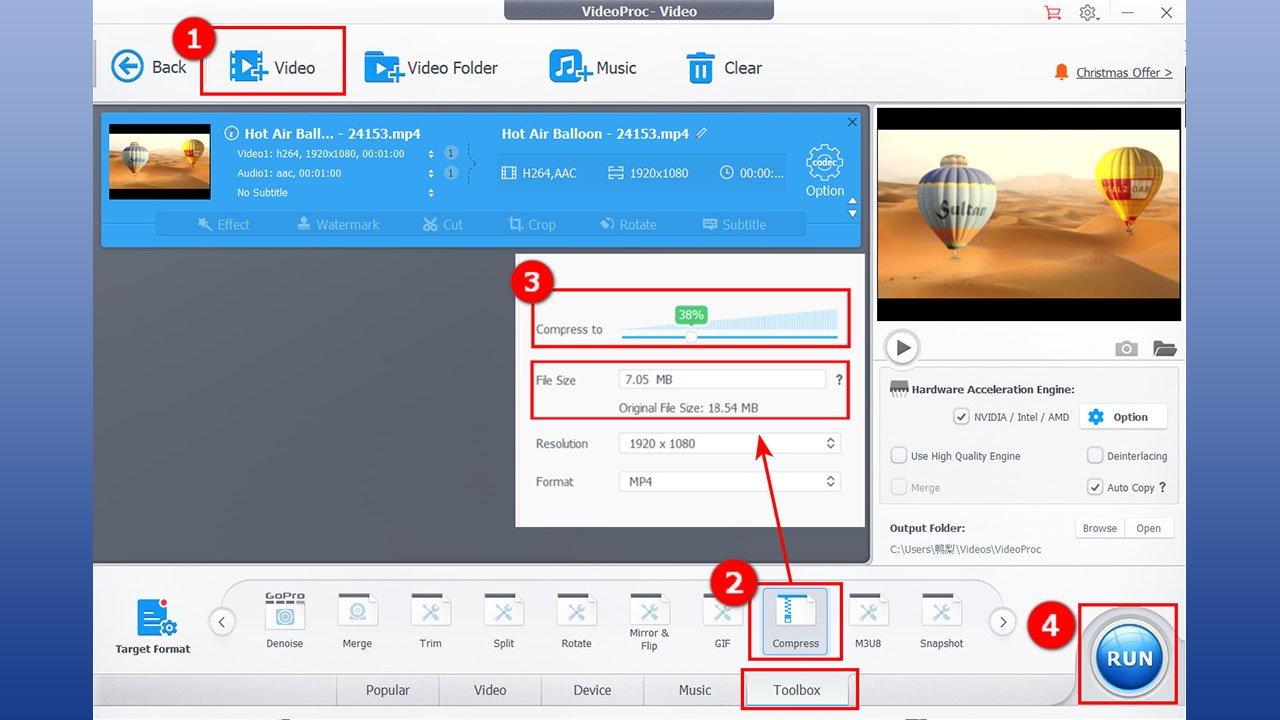 Interface do software de compactação de vídeo mostrando opções para compactar um arquivo de vídeo, incluindo tamanho, resolução e formato do arquivo, com uma visualização de balões de ar quente.