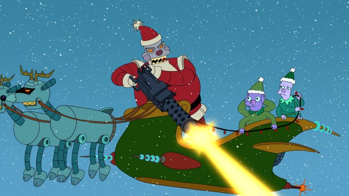 Santabot disparando uma arma a bordo de seu trenó "Futurama."