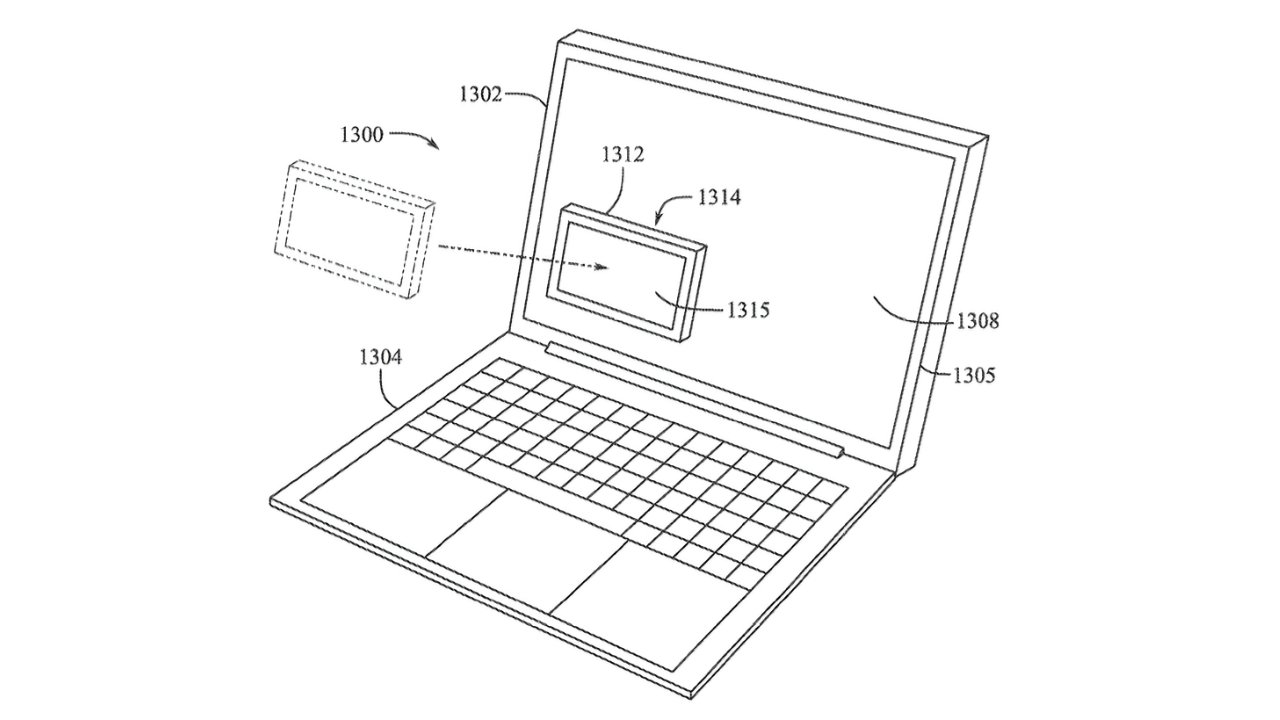 Diagrama de um laptop com tela sensível ao toque removível etiquetada com peças numeradas, incluindo tela, base e teclado.