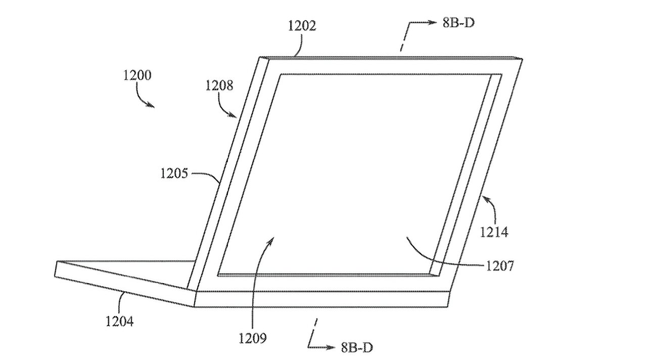 Ilustração de um laptop aberto com peças etiquetadas, incluindo tela, teclado e base, mostrada em uma vista de perfil lateral.