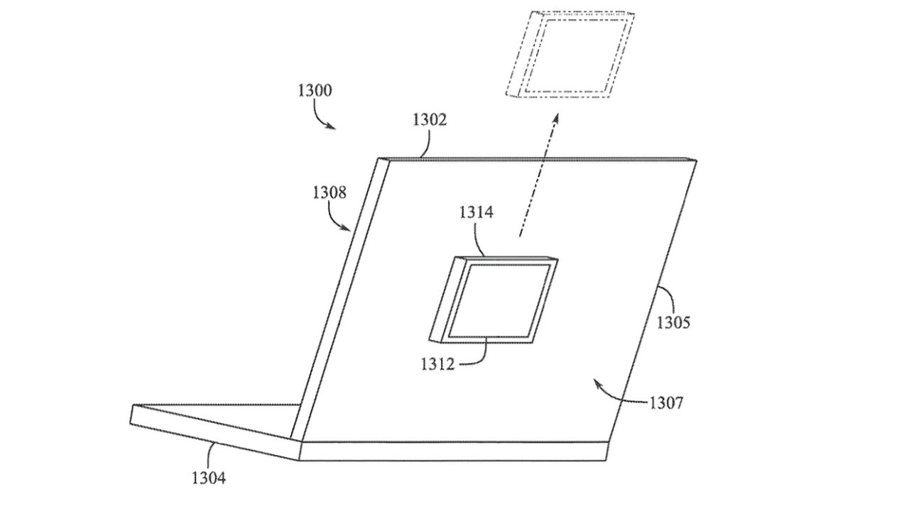 Diagrama de um laptop com um componente removível e flutuante acima da tela, indicando um design modular.