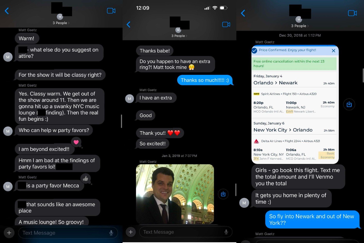 Textos obtidos pelo Comitê de Ética da Câmara entre Matt Gaetz e mulheres que ele supostamente pagou para fazer sexo.