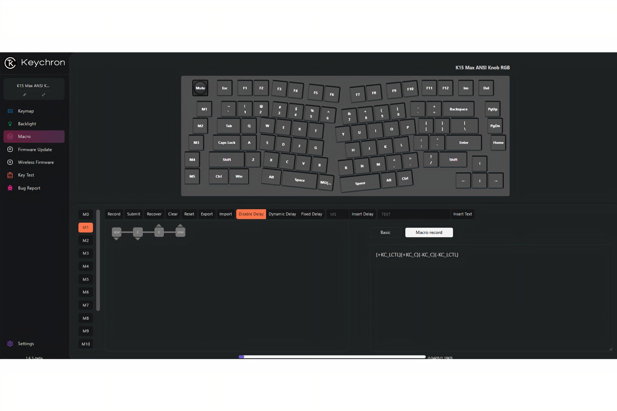 Captura de tela da ferramenta de gravação de macro no Keychron Launcher