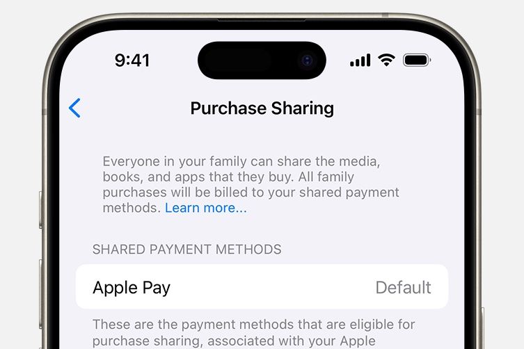 O menu Apple Purchase Sharingn mostrando o método de pagamento compartilhado sendo Apple Pay por padrão.