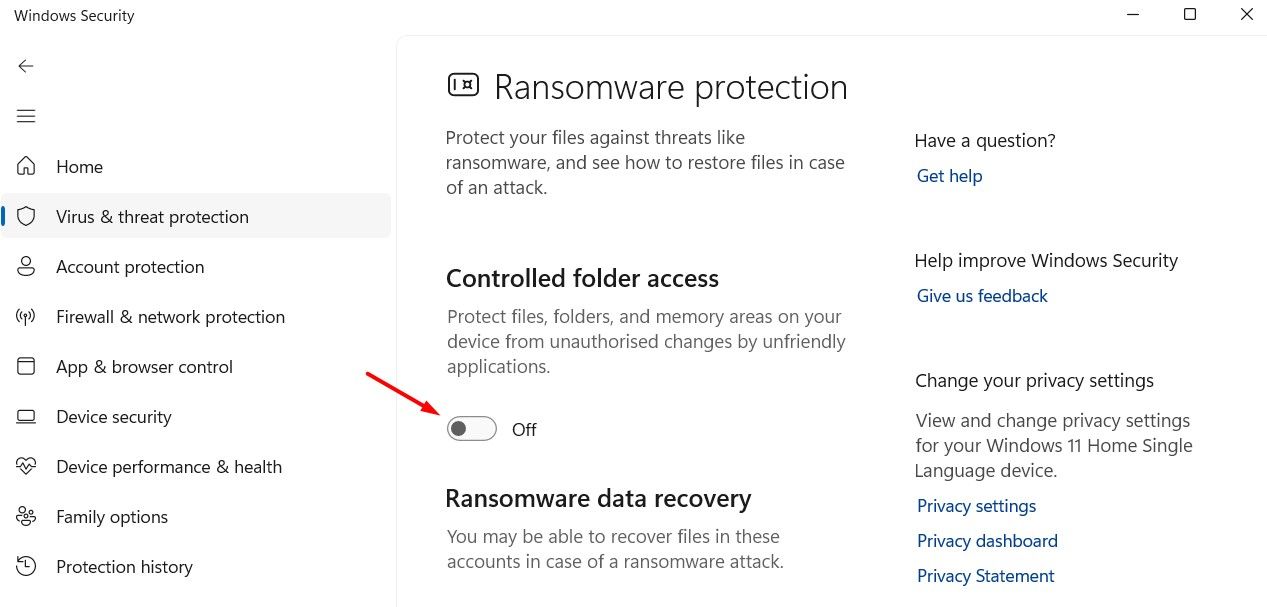 Alternância de acesso controlado a pastas no aplicativo Windows Secuirty.