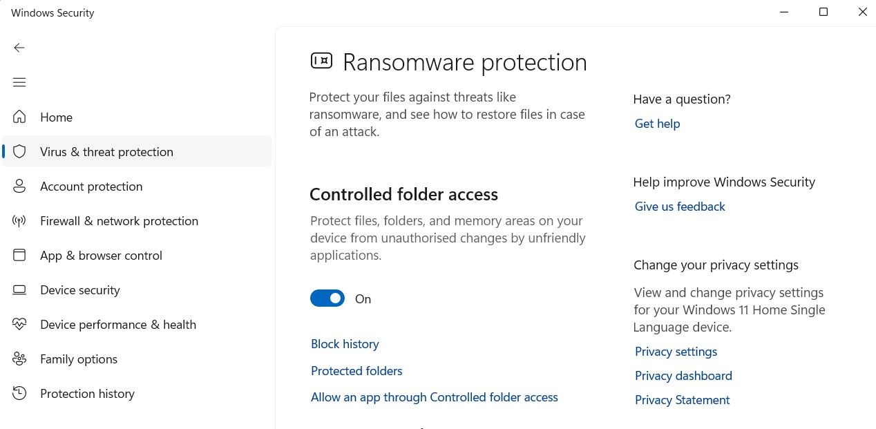 Configurações adicionais da opção Acesso controlado a pastas.