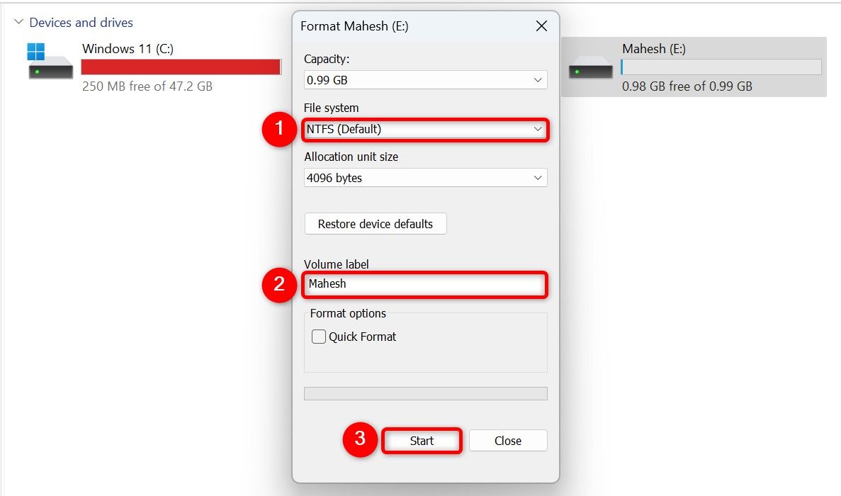 "Sistema de arquivos," "Etiqueta de volume," e "Começar" destacado no "Formatar" janela.