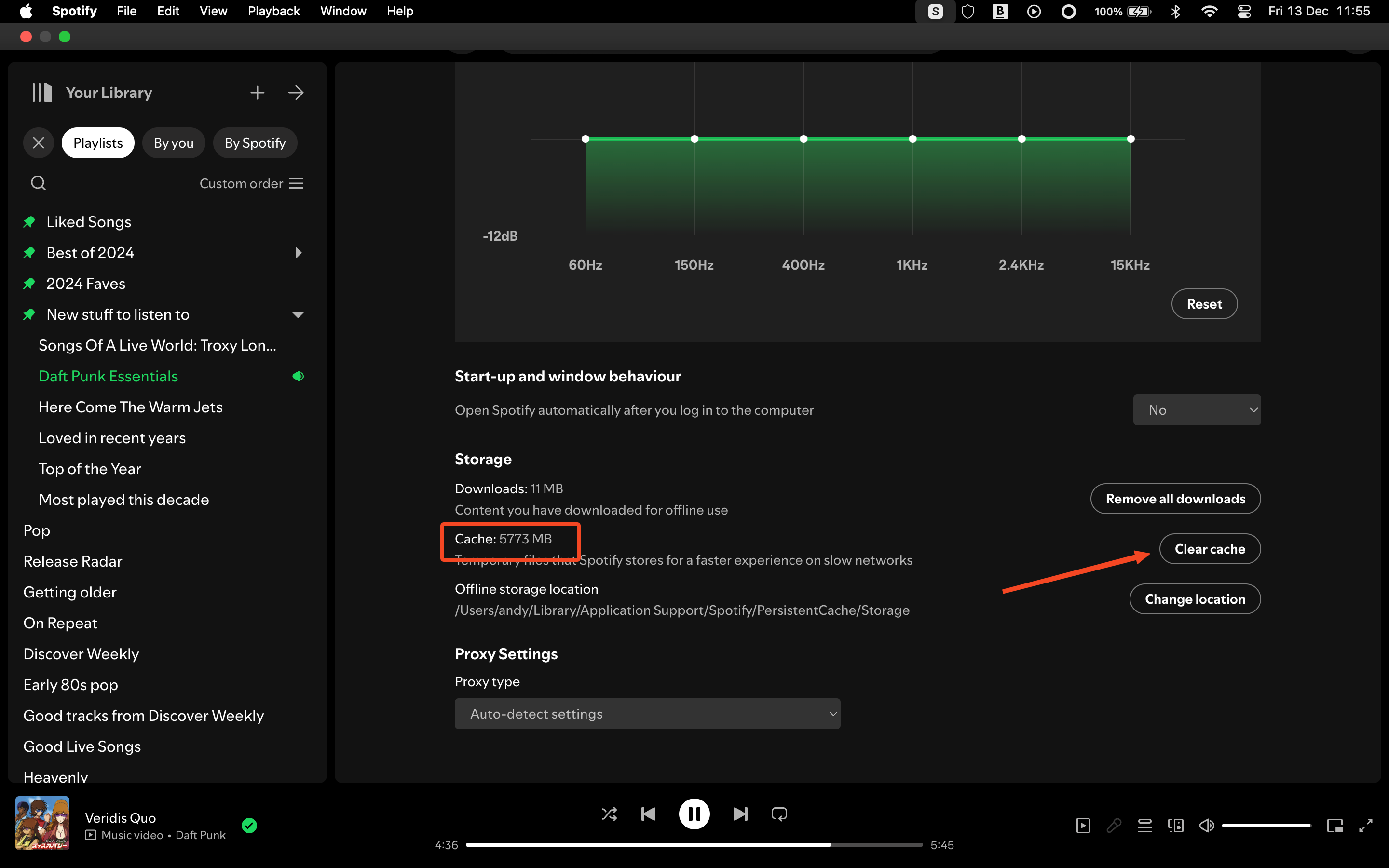 A configuração para limpar o cache no Spotify.