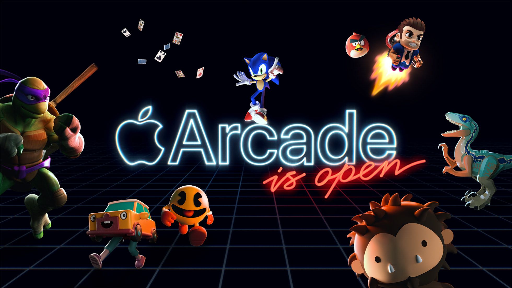 Banner com personagens do Apple Arcade com leitura de texto "Apple Arcade está aberto".