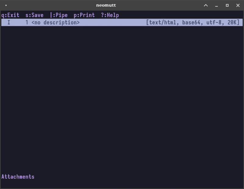 Captura de tela da visualização de anexos no Neomutt.