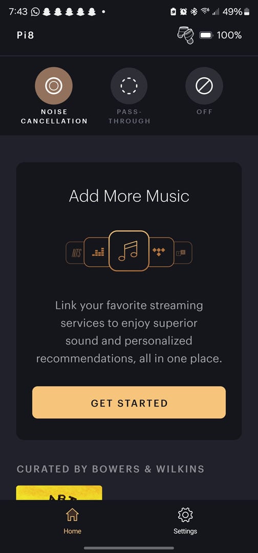 Foto do aplicativo Bowers & Wilkins Music mostrando cancelamento de ruído