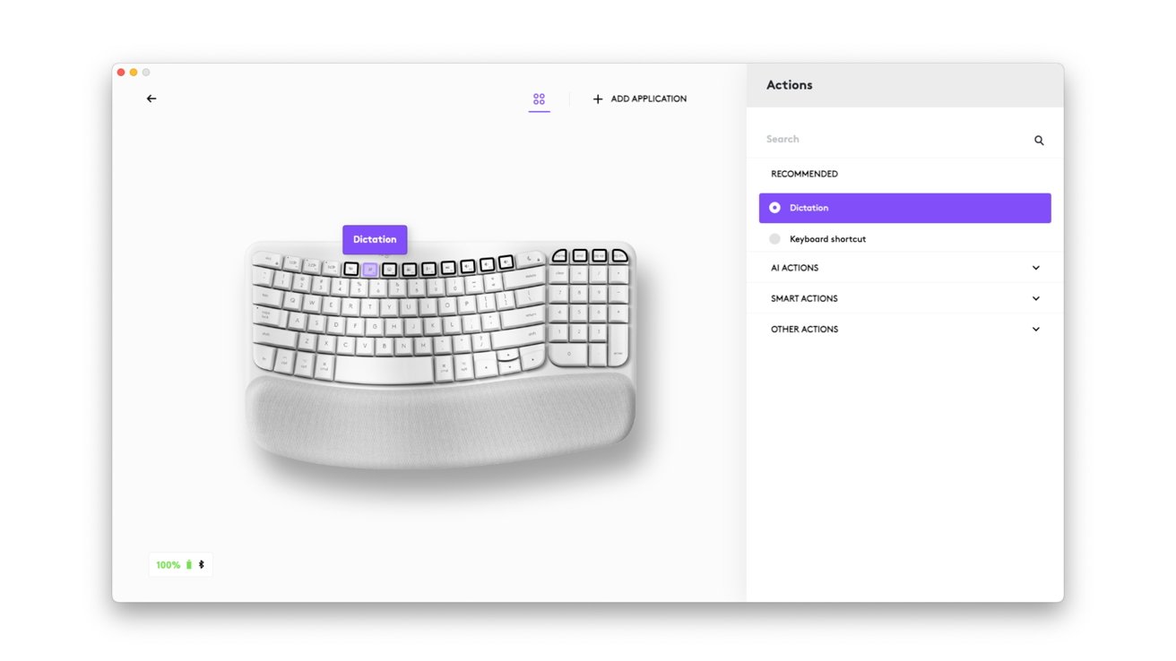 Interface de computador exibindo um teclado ergonômico com a opção 'Ditado' destacada, ao lado de um menu de várias categorias de ação à direita.