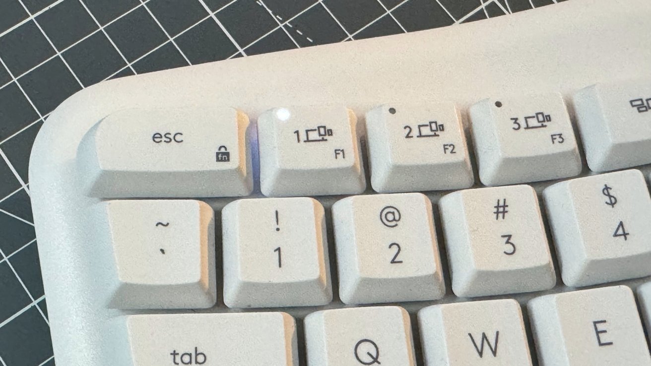 Teclado branco com teclas exibindo escape, F1 a F3, números de um a quatro, caracteres especiais e fundo cinza com padrão de grade.