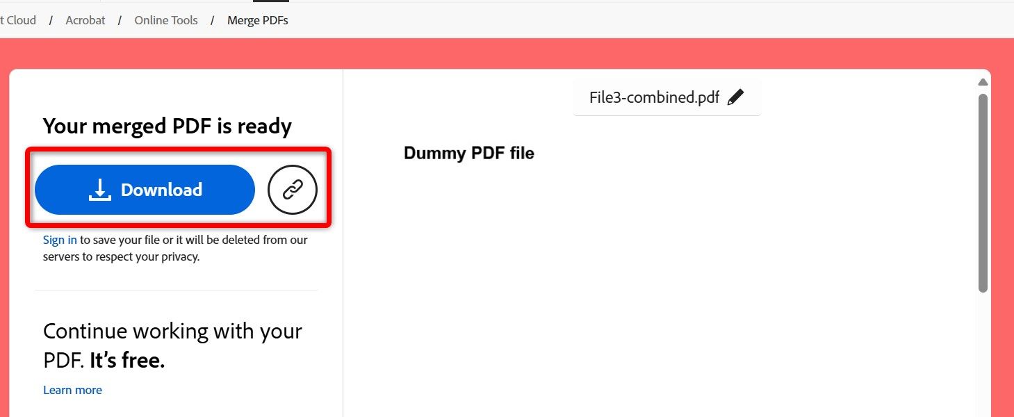 "Download" e "Obtenha um link" destacado no Adobe Acrobat.