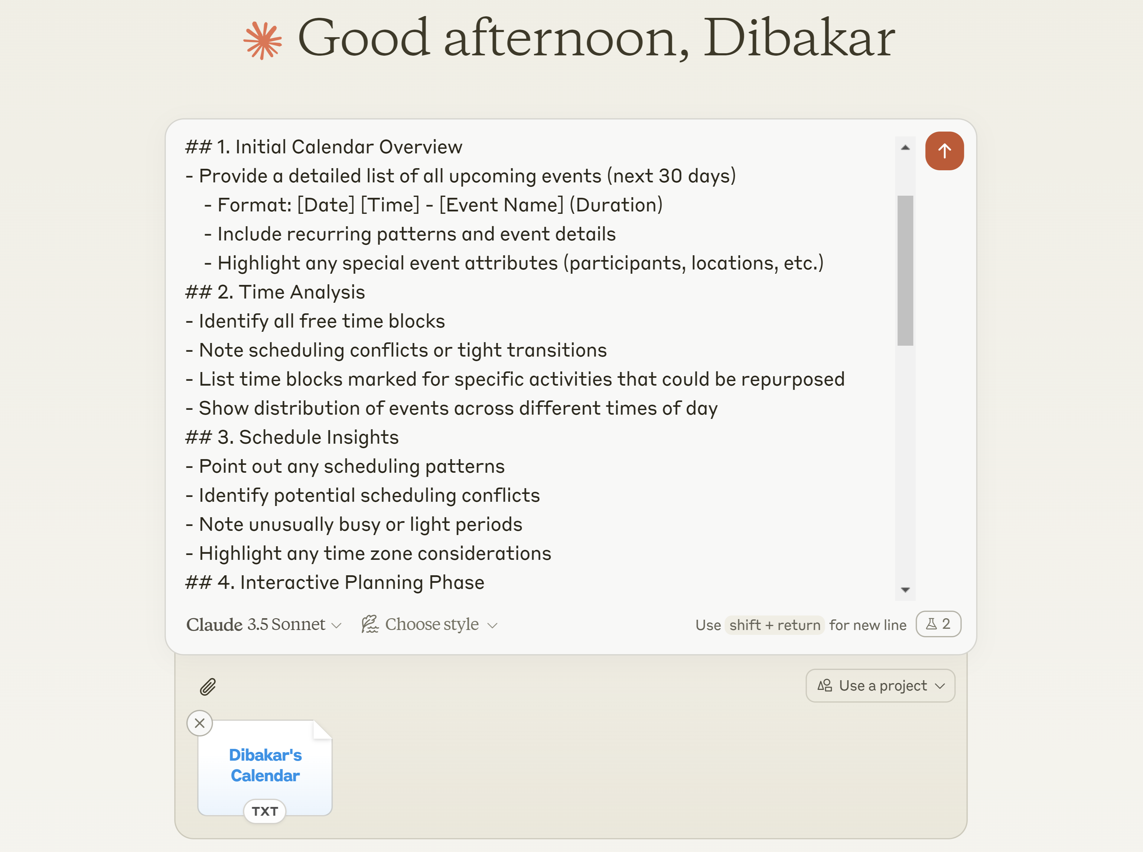 Inserindo prompt de gerenciamento de calendário no Claude.