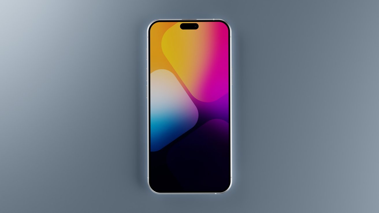 Smartphone com tela de borda curva mostrando um design gradiente colorido abstrato, com tons de amarelo, rosa, roxo e azul em um fundo cinza elegante.