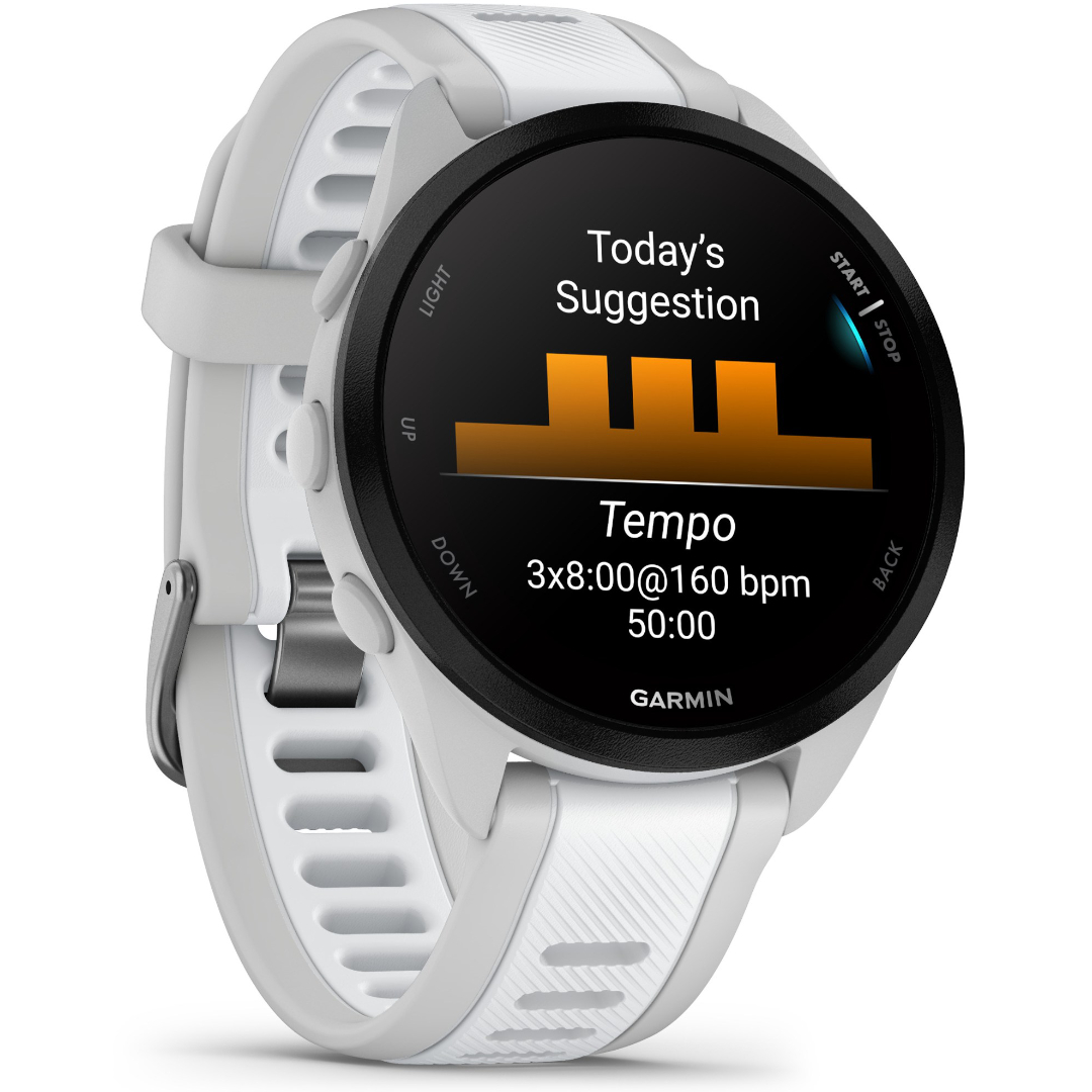 Renderização do Garmin Forerunner 165 mostrando uma sugestão de treino diário no ritmo Tempo.