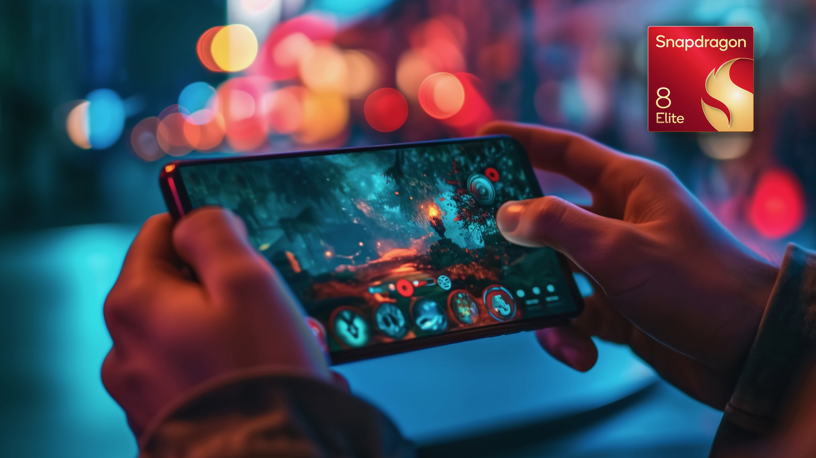 Uma foto mostrando um telefone para jogos com o logotipo Snapdragon 8 Elite pairando acima dele