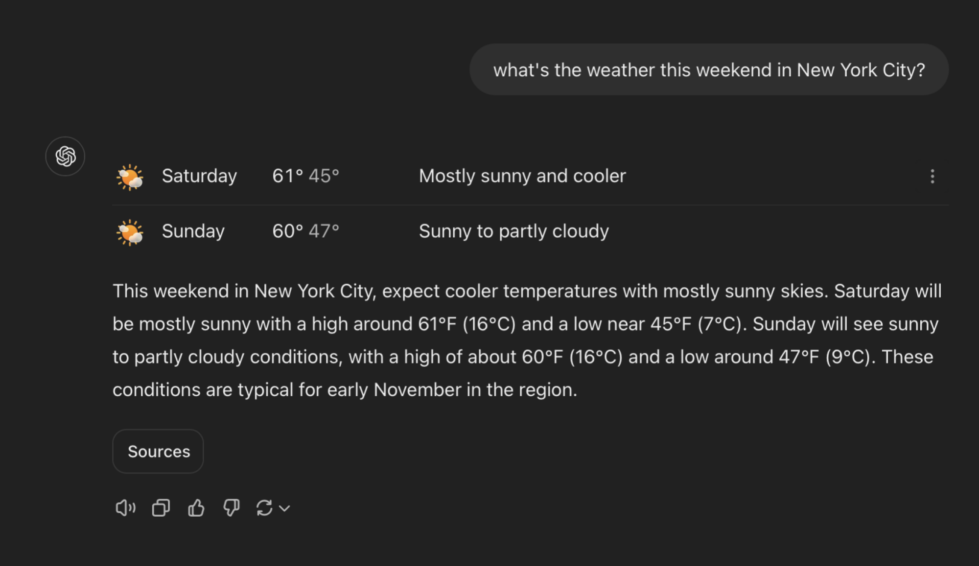 Resultados de pesquisa do ChatGPT para perguntar sobre o clima na cidade de Nova York