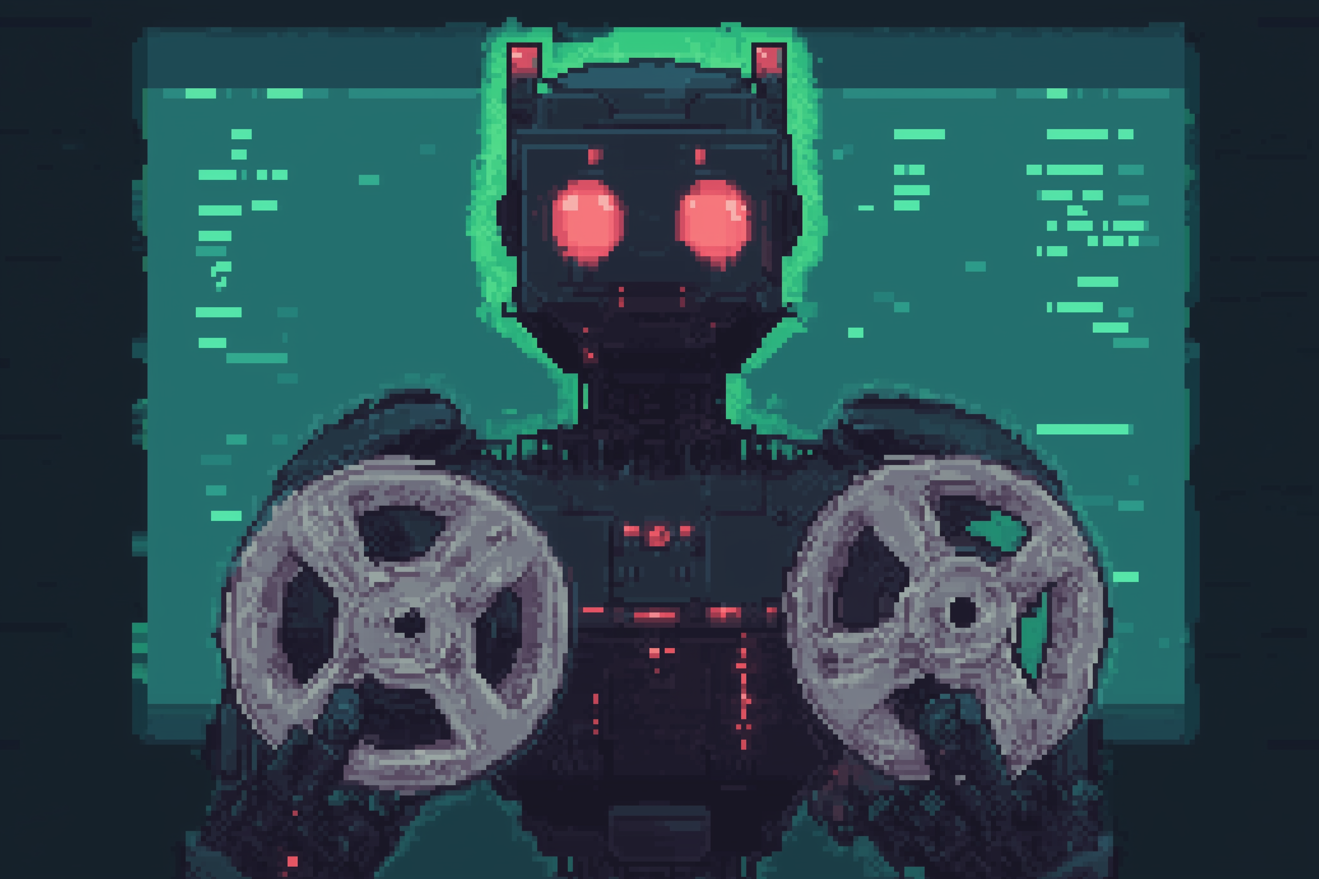 Pixel art de um robô estilo cyberpunk segurando bobinas de filme.