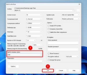 "Dividir em volume, bytes" e "OK" destacado em 7-Zip.