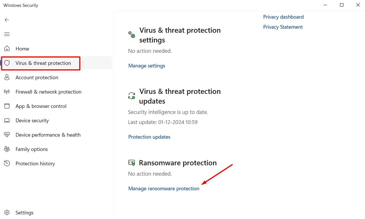 Opção Gerenciar proteção contra ransomware no aplicativo Segurança do Windows.