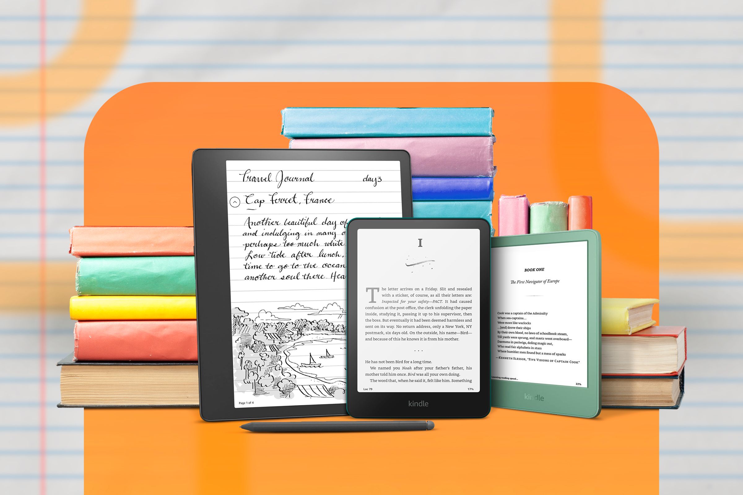 3 Kindles diferentes, lado a lado, com alguns livros atrás deles.