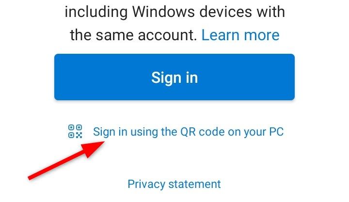 Faça login usando o código QR no aplicativo ‘Link To Windows’ no Android.