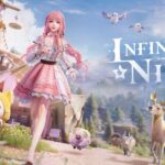 Key Art from Infinity Nikki featuring a young woman with pink hair and wearing a pink skirt with a white top running next to a bipedal cat wearing a yellow cloak.