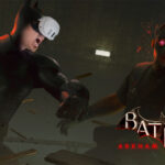 Arte oficial do Batman Arkham Shadow justaposta a um rosto usando um Meta Quest 3 sobre o rosto do Batman