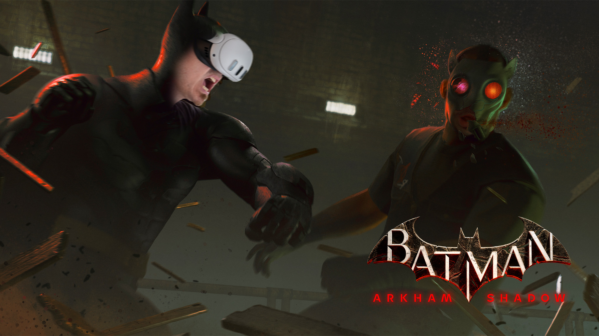 Arte oficial do Batman Arkham Shadow justaposta a um rosto usando um Meta Quest 3 sobre o rosto do Batman