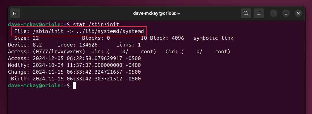 Usando o comando stat para ver se uma instalação do Linux usa SystemV ou systemd.