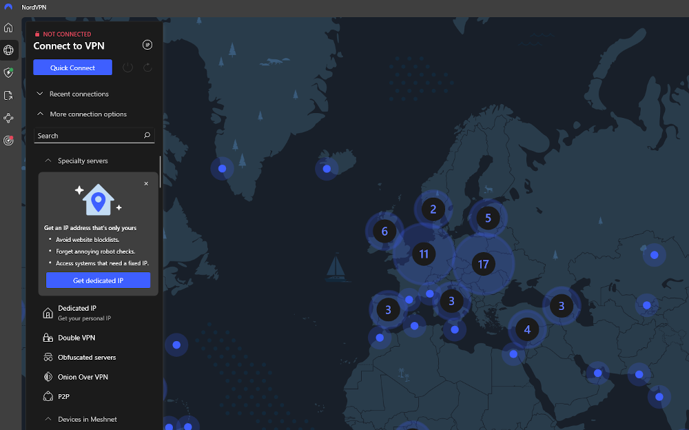 Interface de mapa do NordVPN com vários servidores visíveis. 