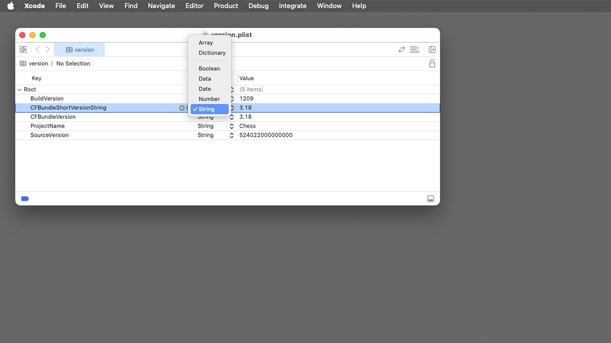 Janela do Xcode exibindo um arquivo plist com informações de versão.