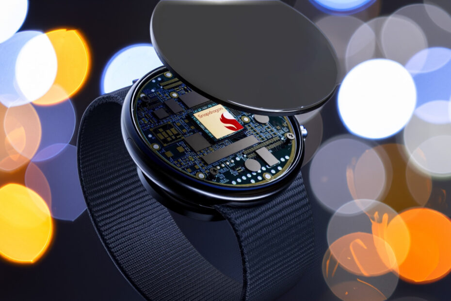 Um chip Qualcomm Snapdragon Wear dentro de um smartwatch com fundo bokeh