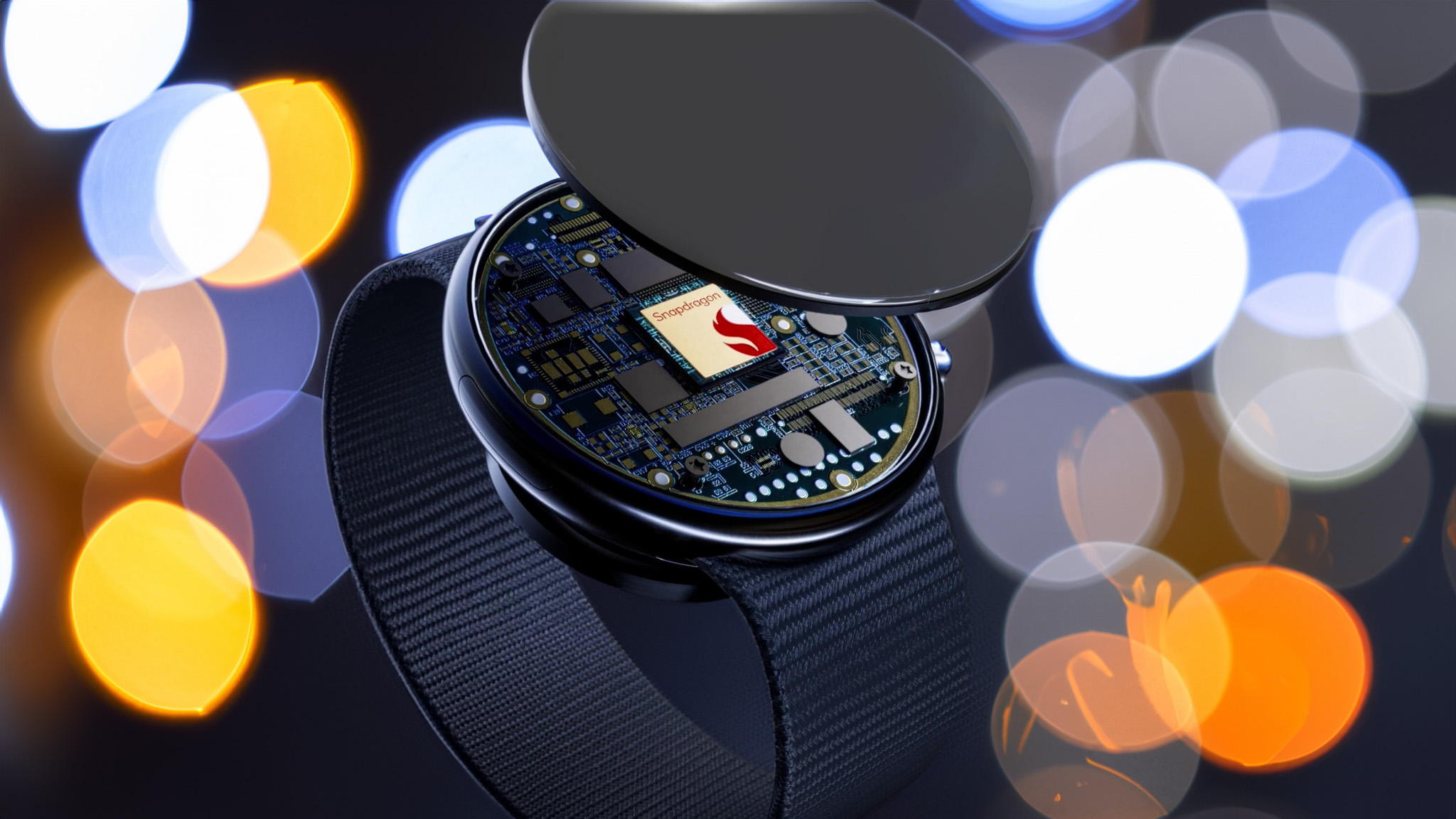 Um chip Qualcomm Snapdragon Wear dentro de um smartwatch com fundo bokeh