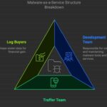 Diagrama triangular mostrando a estrutura do malware como serviço: as funções dos compradores de log, da equipe de desenvolvimento e da equipe de traficantes na compra de dados, na criação de malware e no tráfego, respectivamente.