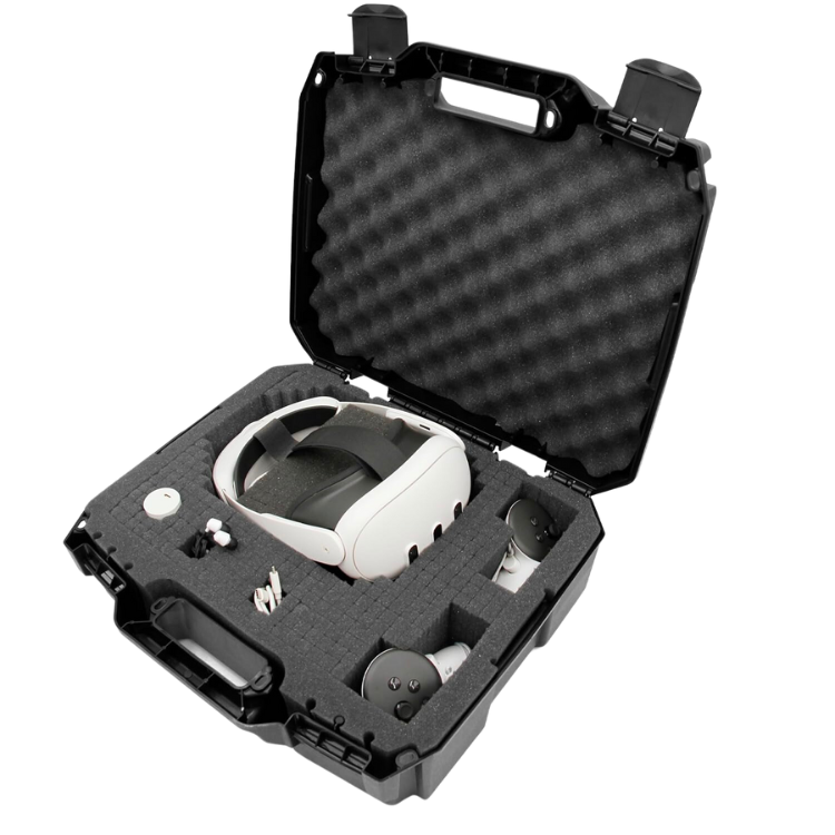 Um case rígido com recortes de espuma para o headset Quest 3 VR.