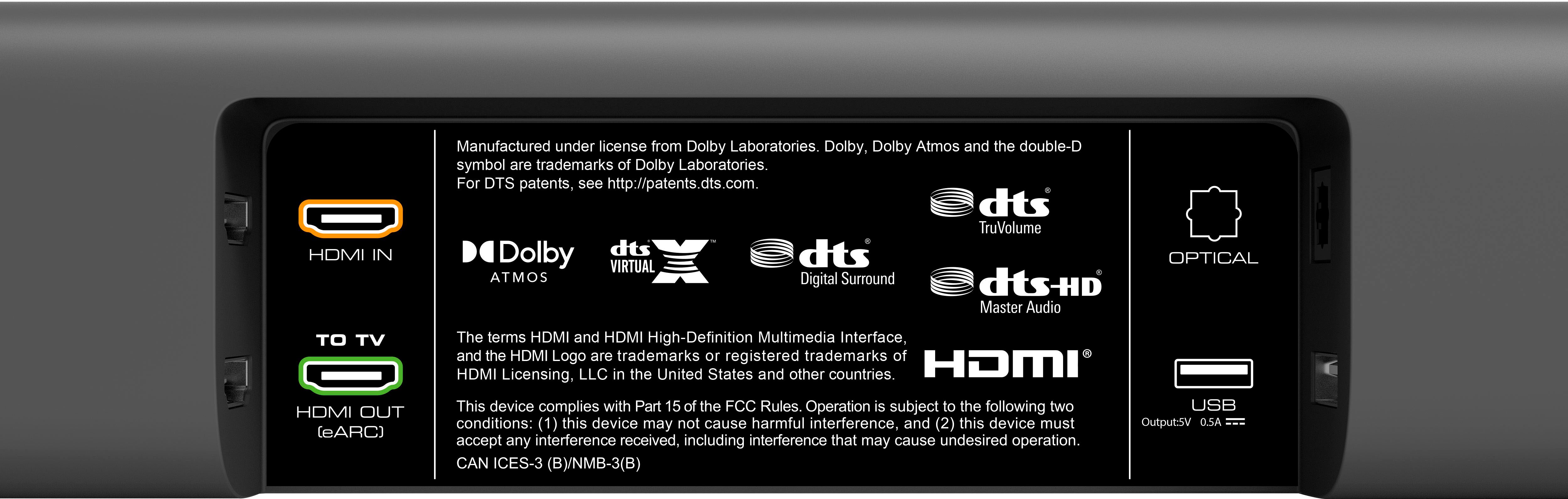 As portas HDMI-ARC, passagem HDMI, óptica e USB na barra de som Vizio.