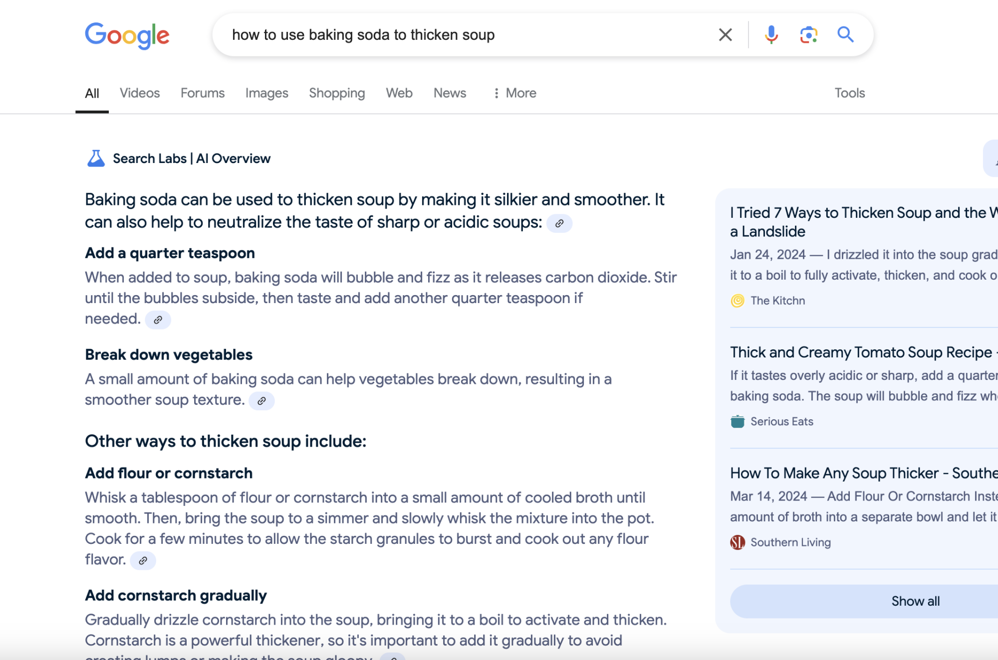 Um usuário da Pesquisa Google buscando confirmação de que o bicarbonato de sódio pode engrossar a sopa e recebendo isso de uma visão geral da IA