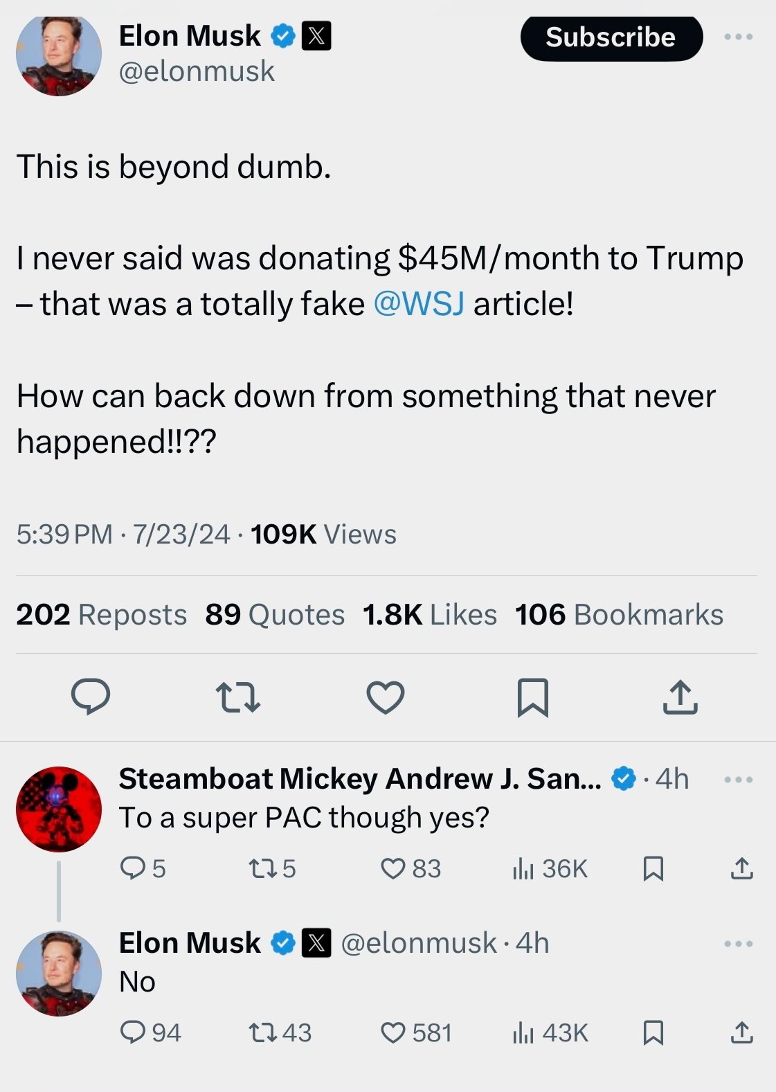 Um tweet excluído de Elon Musk sobre uma doação para Donald Trump.