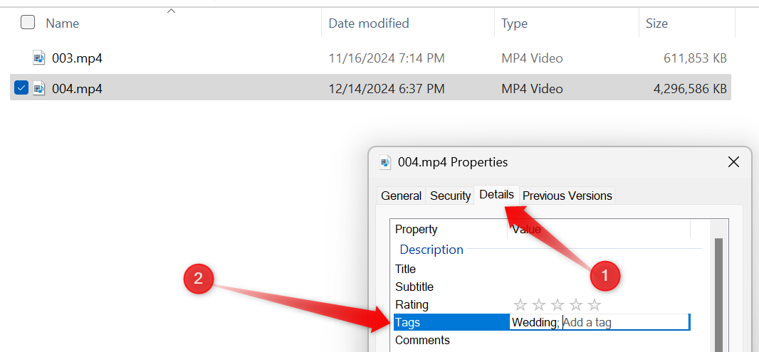 O File Explorer permite atribuir tags aos arquivos, tornando mais fácil localizá-los posteriormente. Para marcar um arquivo, clique com o botão direito nele, selecione “Propriedades” e navegue até a guia “Detalhes”. Encontre o campo Tags, clique duas vezes no espaço vazio e insira suas tags. Ao adicionar várias tags, você deve separá-las com ponto e vírgula.